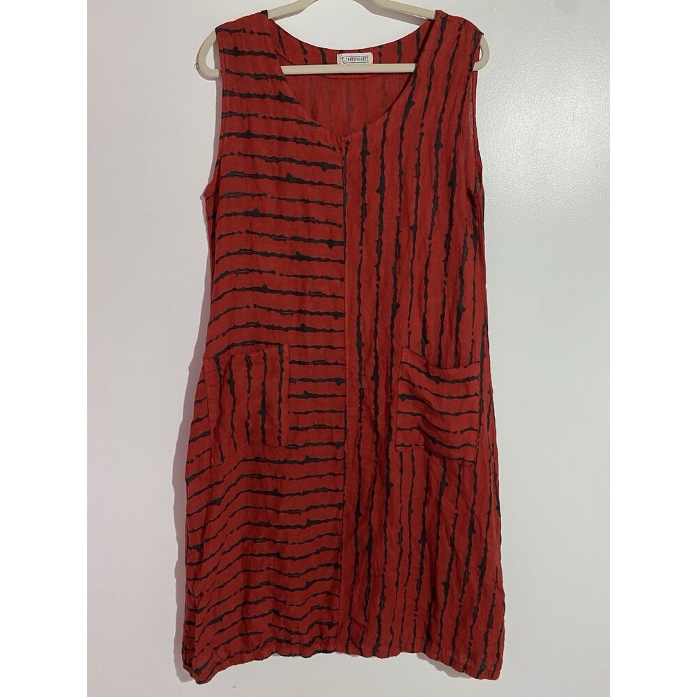 T by Transparente Dress Womens 1 Red Linen Abstract Lagenlook‎ Artsy Boho Hippie